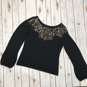 Apostrophe Black Bell Sleeve Gold Sequin Sweater